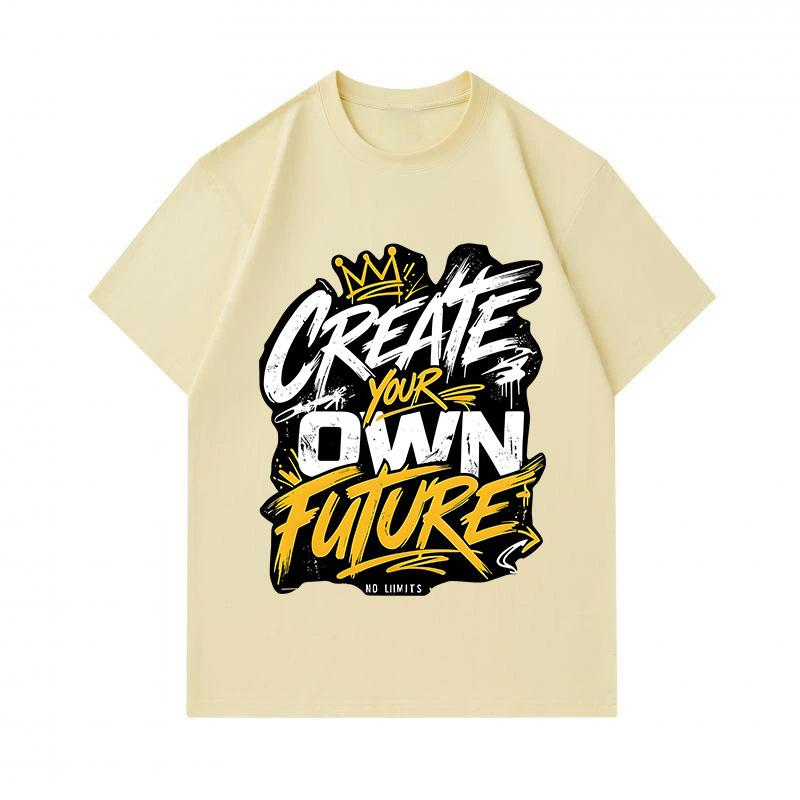 Men's 100% Cotton Crew Neck Short Sleeve T-Shirt, Create Your Own Future Graffiti Crown Print Casual Comfortable Summer Tee for Daily Wear