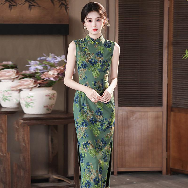Yeşil kolsuz ulusal tarz yeni Çin Suzhou uzun cheongsam geliştirilmiş genç 1011 yeni kadın yüksek kalite yaz