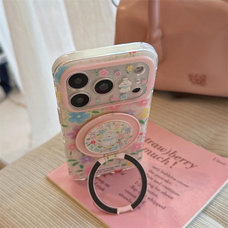 Kawaii Floral Puppy Ring Stand Phone Case For iPhone 15 16 17 Pro Max INS Cute Pink Glitter Clear Shockproof Protective Cover