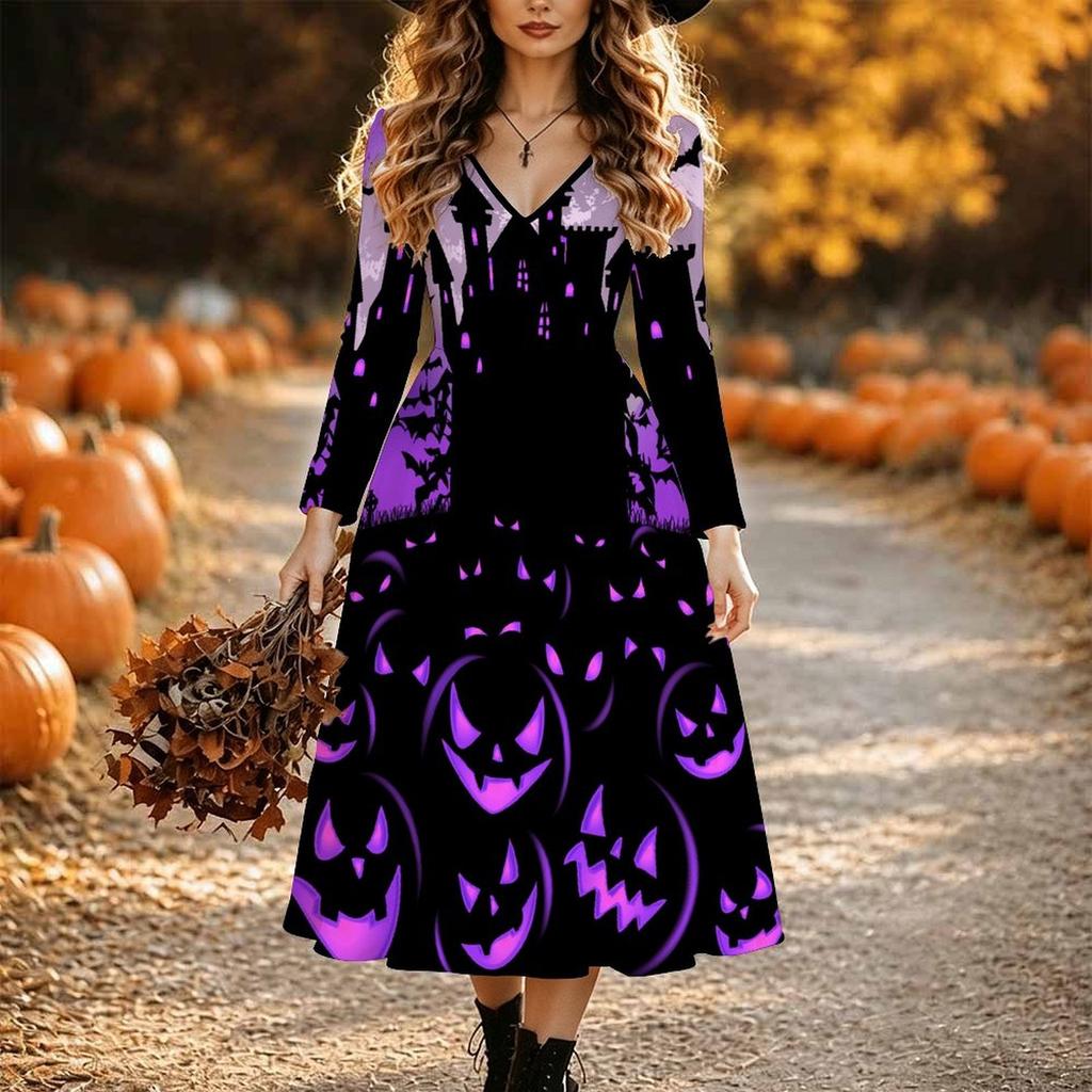 Halloween Women's Flower Print Midi Dress A Line Dress Vacation Casual Daily Regular Fit Long Sleeve V Neck Black Spring Fall