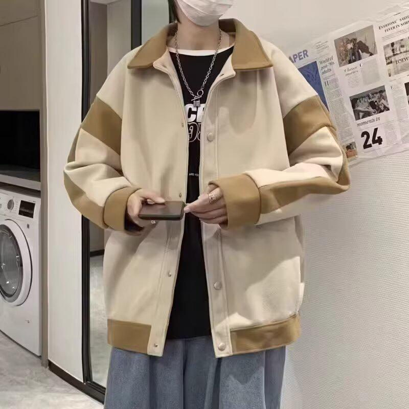 Men's Oversized Patchwork Wool Coat – Hong Kong Style Loose Fit Lapel Jacket, Trendy Korean Casual Design