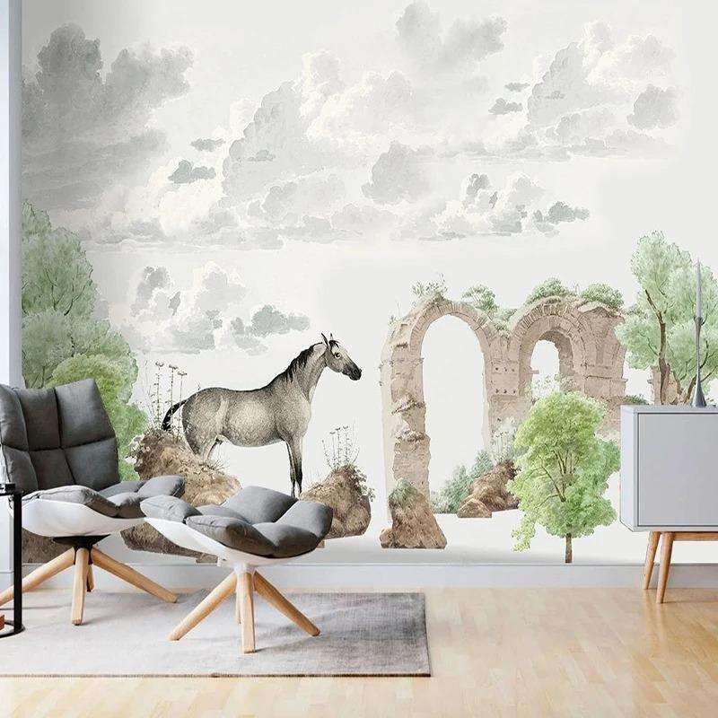 3D Wall Mural Nordic Hand-painted Tropical Plant Horse Wallpaper Children's Room Background Home Decor