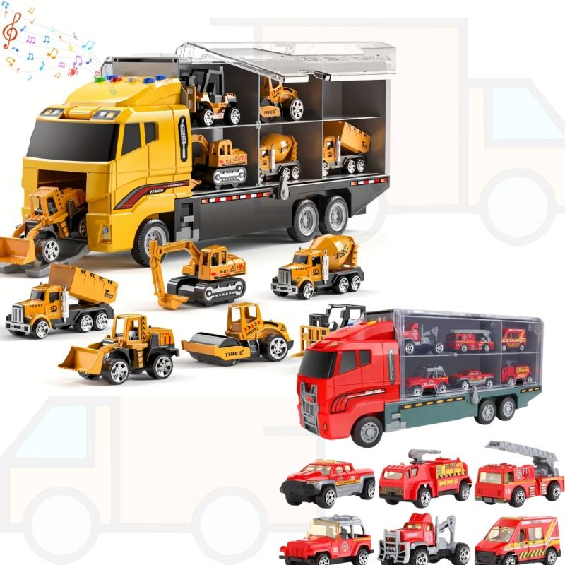 Children's Toy Set with Large Vehicle And 6 Small Cars - Engineering And Fire Truck Toys Combination for Kids