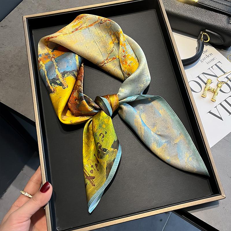 Hangzhou Silk Silk Scarf 111% Mulberry Silk Scarf Women's Green Oil Painting Shawl Size Square Scarf for Mother