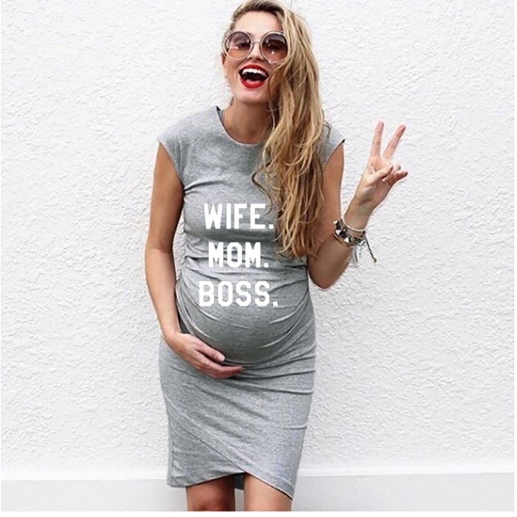 Women Pregnant Short Sleeve Pregnant   Maternity Dress Solid Print Skirt