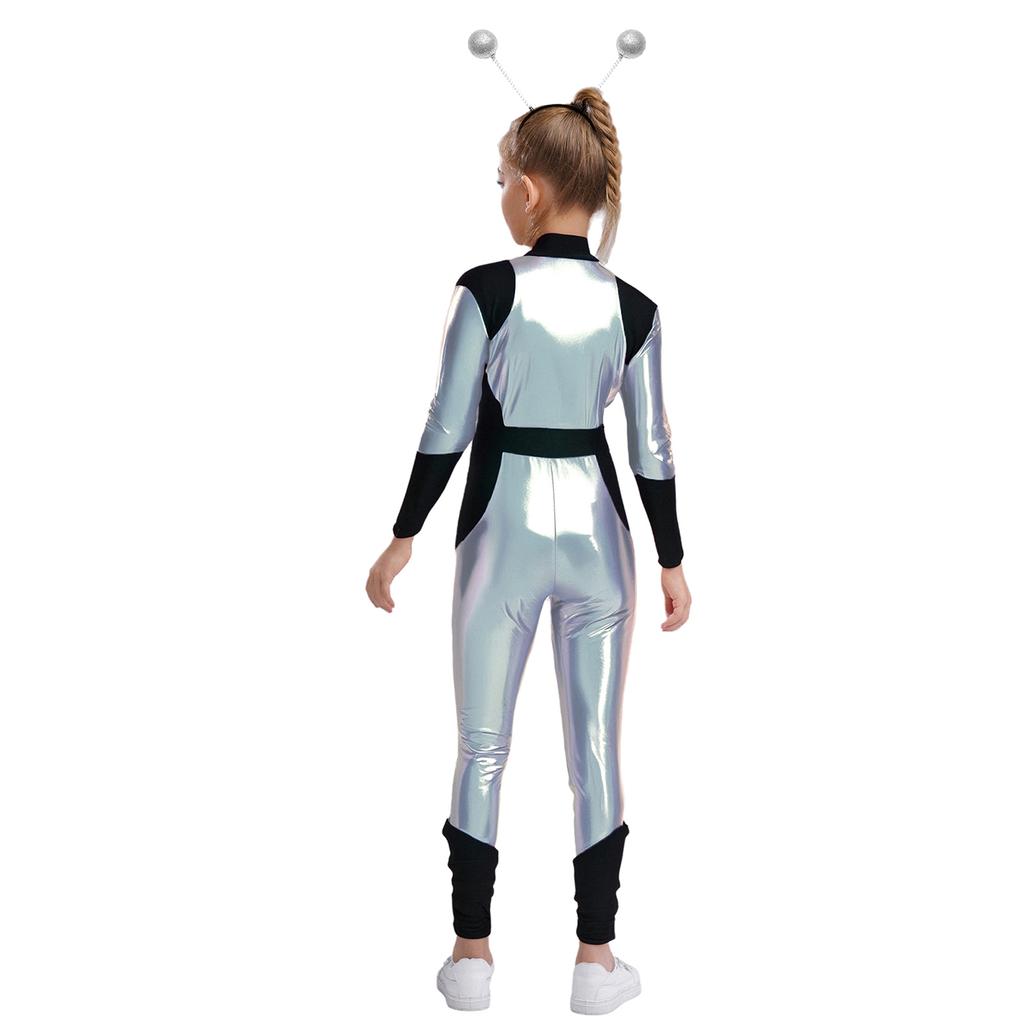 Dětský kostým mimozemšťana Cosplay Dlouhý rukáv Vysoký pas Lesklý kovový zip Kombinéza Halloweenský body