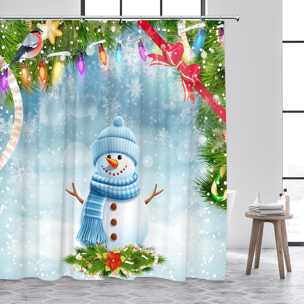 Cute Snowman Christmas Shower Curtains Blue Xmas Tree Rope Ball Gift Snowflake Winter Scenery Fabric Home Bathroom Curtain Dec