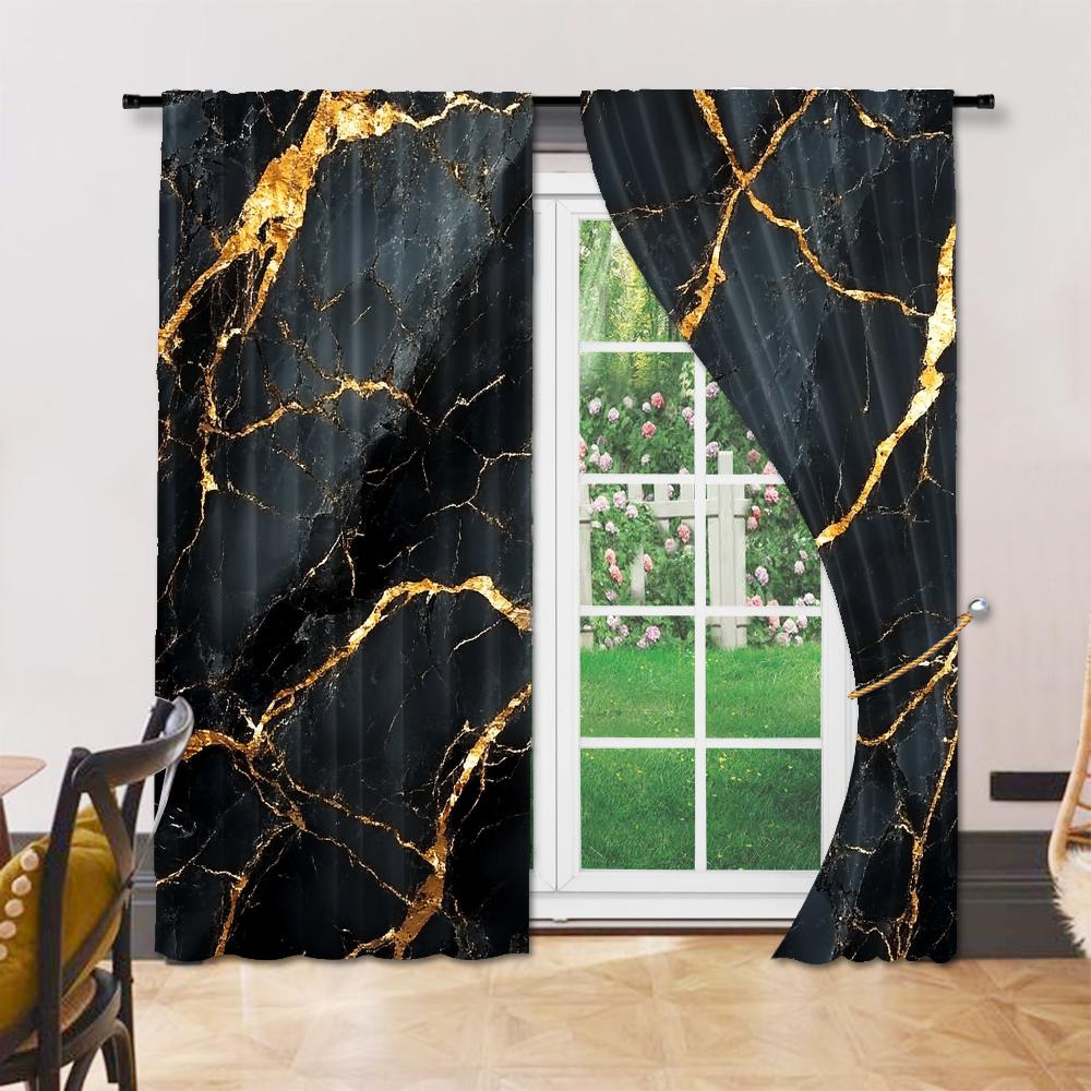 Set Of 2 Versatile Polyester Transparent Curtains Home Decoration Black Marble Print Use Bedrooms Living Rooms Curtain Perfect For Sitting Room