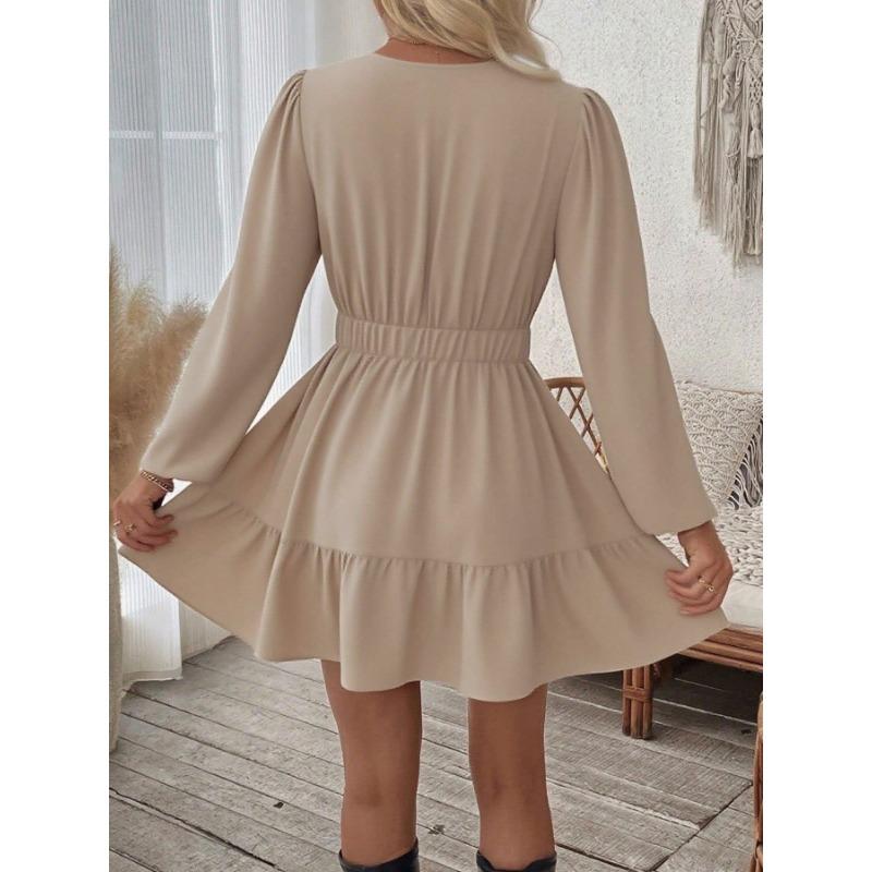Women Embroidered Long Sleeve Mini Dress V Neck Elastic Waist Boho Style