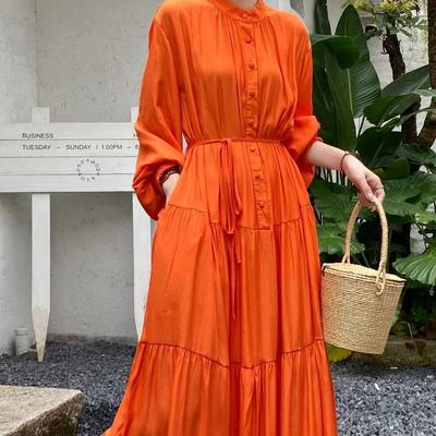 Frenchic Vintage Maxikleid Damen Stehkragen Laternenärmel Schnürung Weibliche A-Linie Elegante Kleider Frühling Herbst