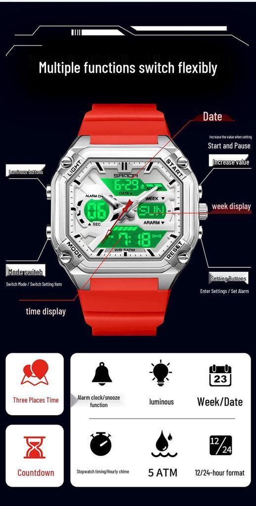 Sanda Men's Multifunctional Waterproof Electronic Watch - Trendy Timer with Dual Display & Three-Time Zone Outdoor Alarm.