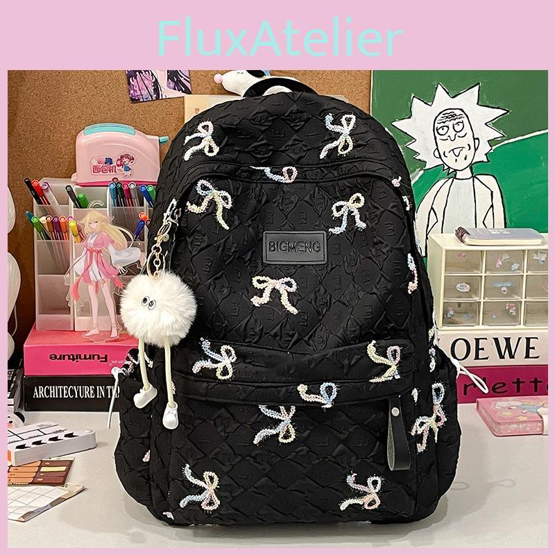 Nylon Minimalist School Backpack With Bow Embroidery Design For Teens Daily