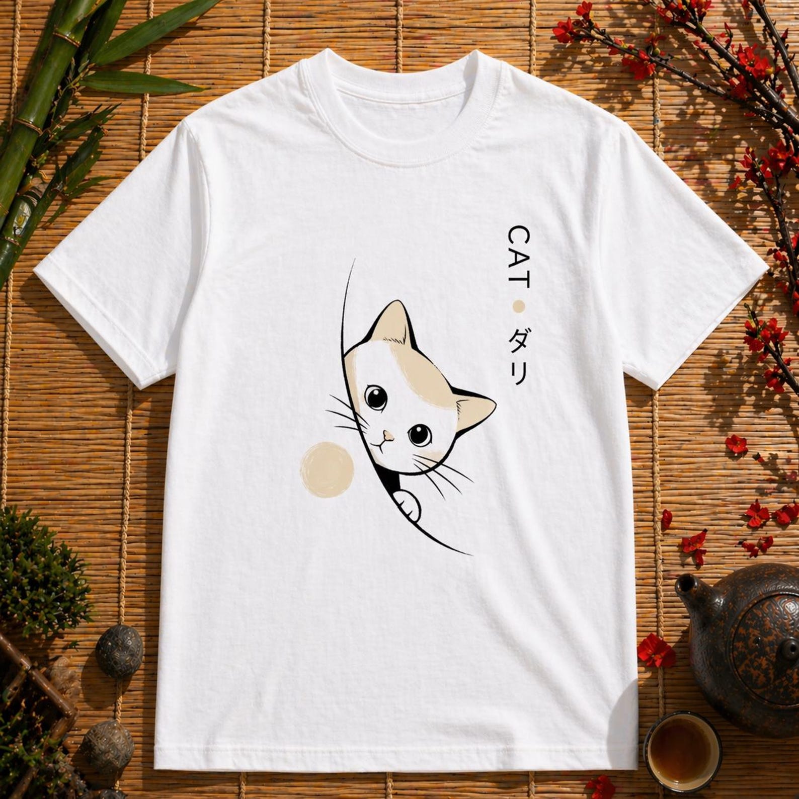 Minimalist Peek Cat T-Shirt – Japanese Style Line Art Graphic Tee 3XL