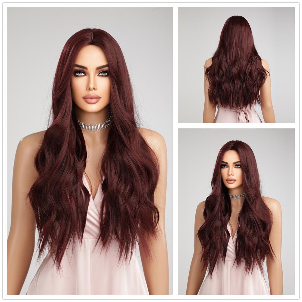 HAIRCUBE Červená rovná syntetická paruka pro ženy Dlouhá přírodní vrstvená paruka s ofinou Cosplay Party Paruka z tepelně odolných vláken