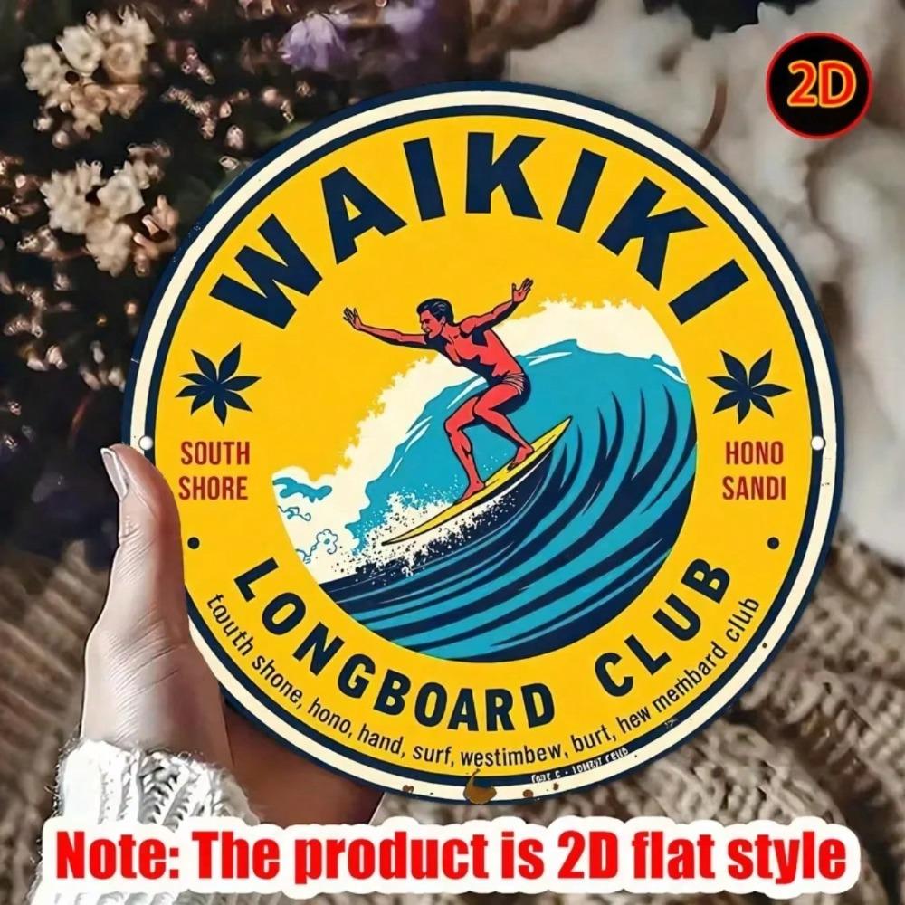 Vintage Waikiki Longboard Club Metal Sign Round Surf Wall Art Iron Beach Home Decor
