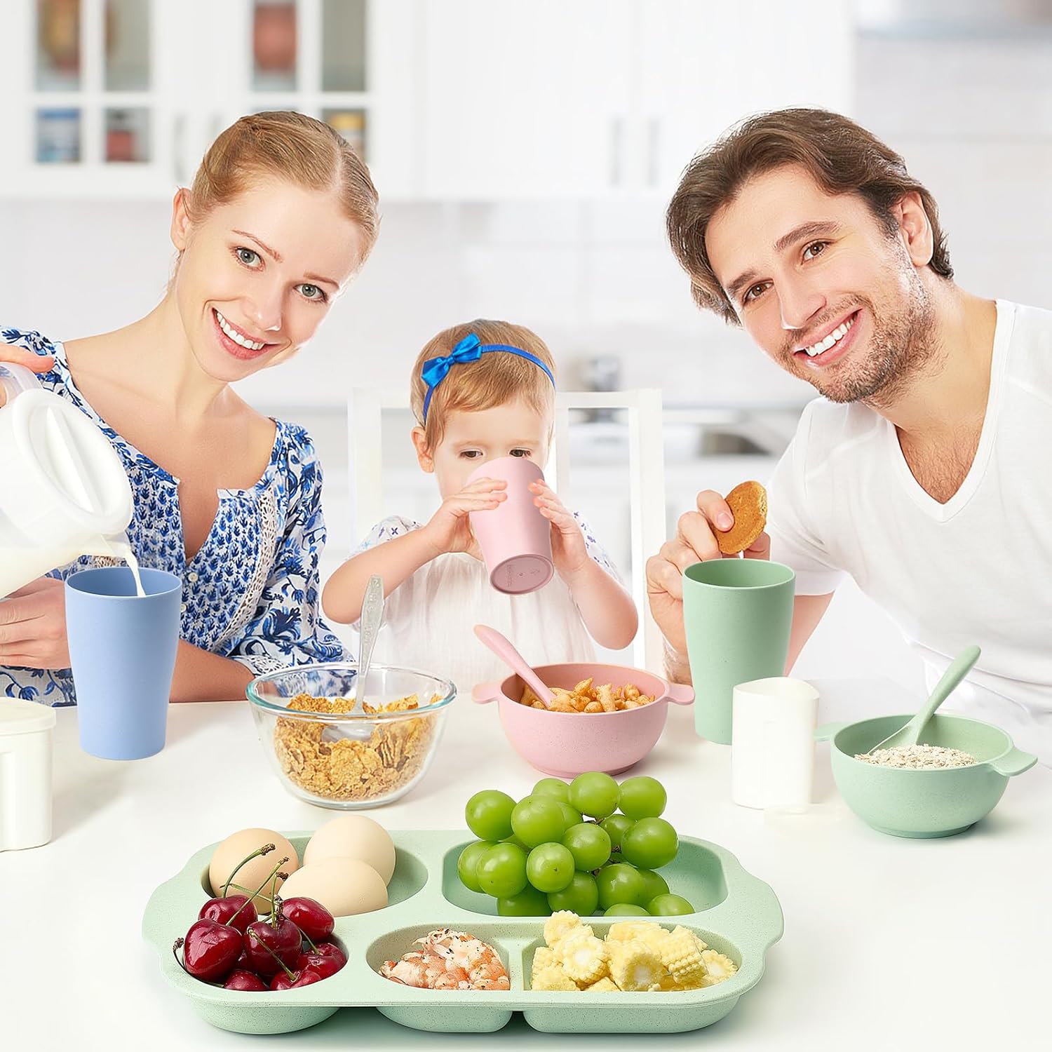 

Набір столового посуду та столових приборів з пшеничної соломи, 24 шт., Небиткий набір посуду, включаючи дитячі тарілки з відділеннями, миски, чашки, столові прибори: ложки, ножі