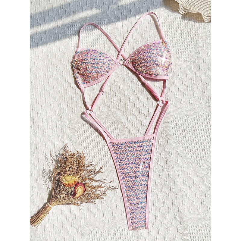 New Sexy Hollow Out One Piece Swimsuit Micro Thong Mini Women Swimwear Shiny Sequins Patchwork Bather Bathing Suit