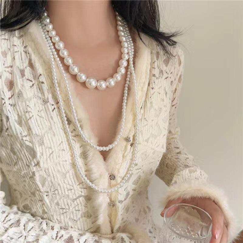 French design sense three-layer glass pearl long necklace sweater chain with small fragrant style retro gentle long necklace