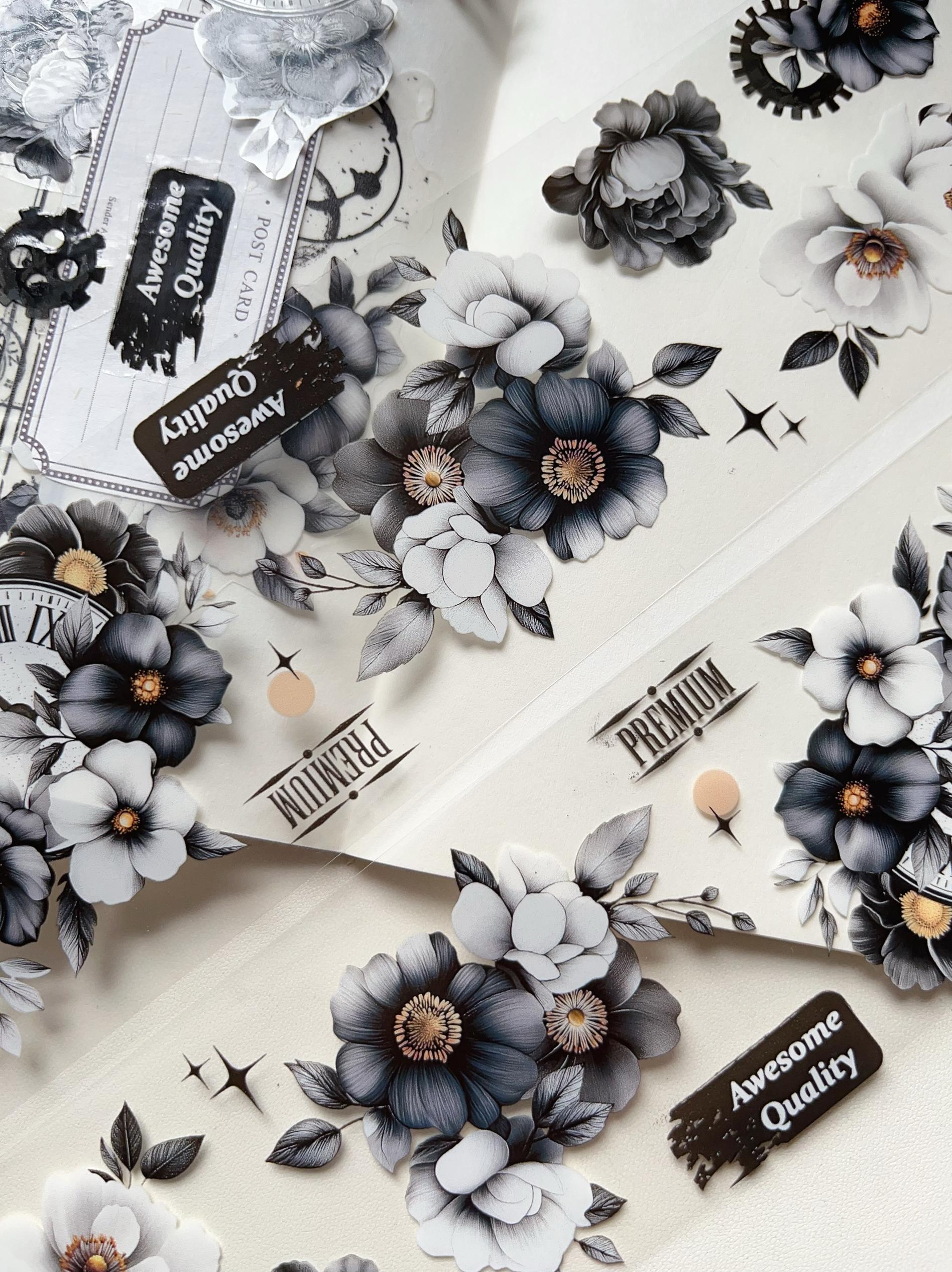 

pet washi tape [Kalachakra Narrative] journal tape, light retro dark black and white flower versatile
