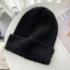 White wool hat showing face little rabbit fur female winter warm plush pile cold hat big head circumference knitted hat