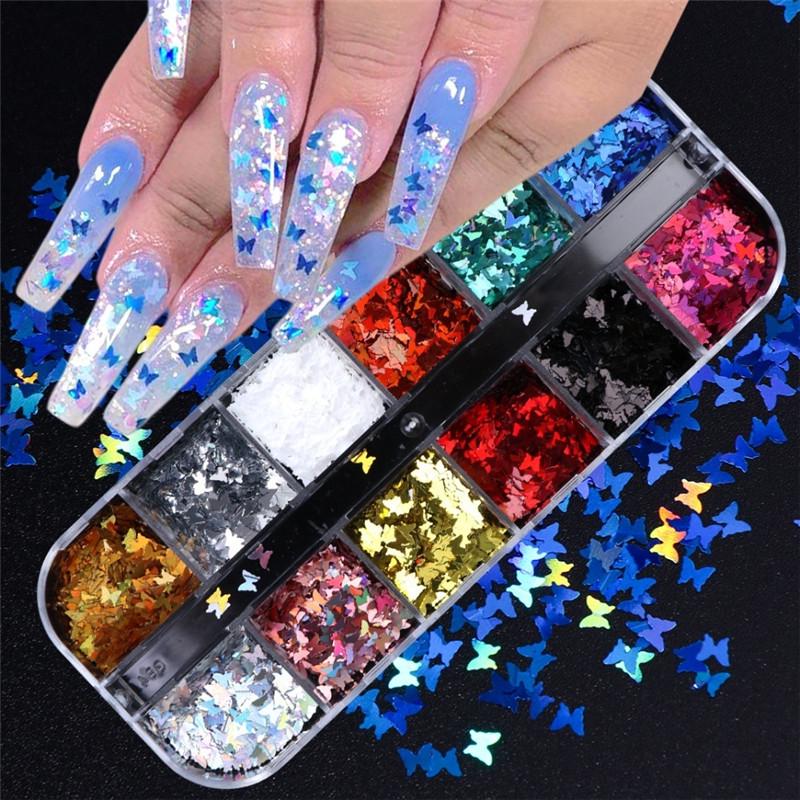 1 Box Nail Decoration Sequins Nail Jewelry 12 Grid Laser Symphony Butterfly Sequin DIY Nail Accessories