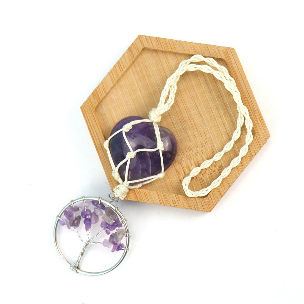 

Tiktok Live Broadcast Natural Crystal Heart-Shaped Woven Mesh Pocket Tree Of Life Pendant Car Hanging Bag Accessories G42 аметист