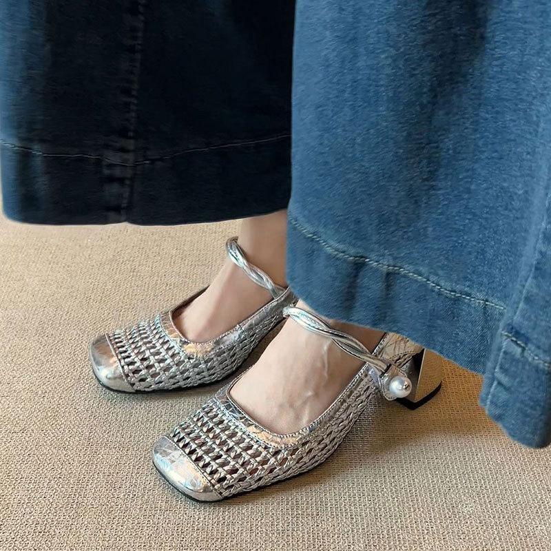 Sheepskin woven hollow sandals women's hole shoes leather shoes thick heel with Mary Jane shoes summer high heels
