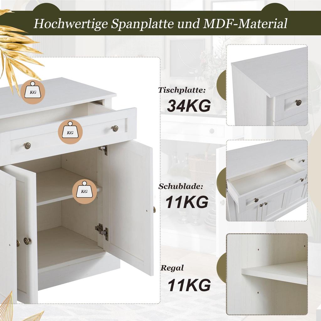 Sideboard Kommode mit 4 Türen und 2 Schubladen, moderner Buffetschrank mit viel Stauraum, Verstellbares Regal