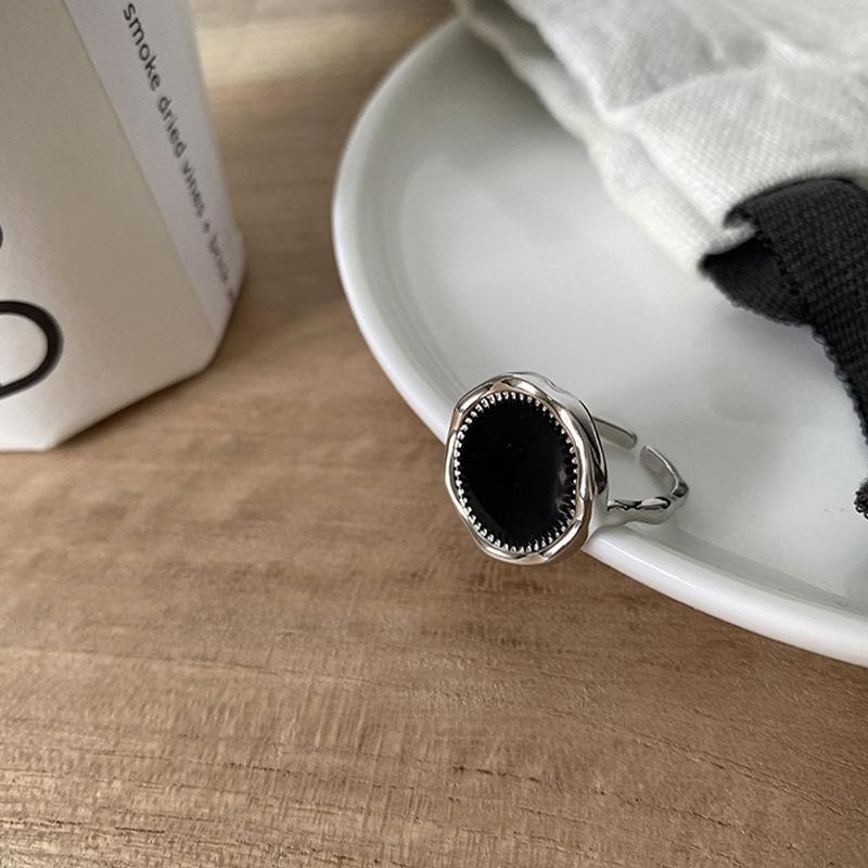 PANJBJ 925 Silver Geometric Black Dropwise Glaze Rings For Women Men Simple Korean Open Adjustable Handmade Jewelry Dropshipping