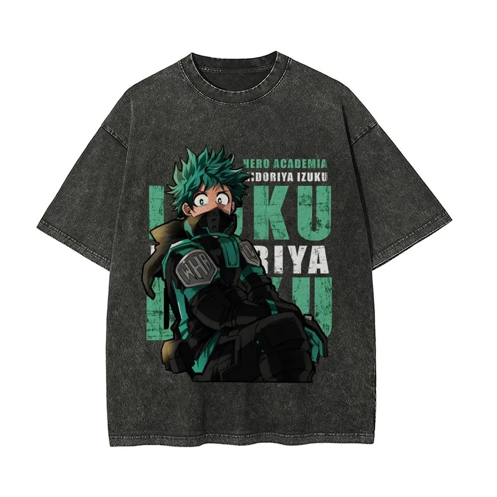 Deku T Shirt My Hero Academia Men Acid Wash Izuku Midoriya Stealth Suit Anime Graphic Cotton Streetwear WHA World Heroes Tee M