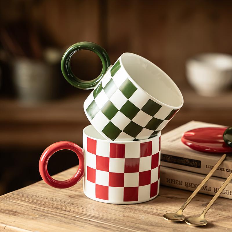 Creative Checkerboard Ceramic Mug Household Cup With Lid And Spoon High Value Afternoon Tea Coffee Cup