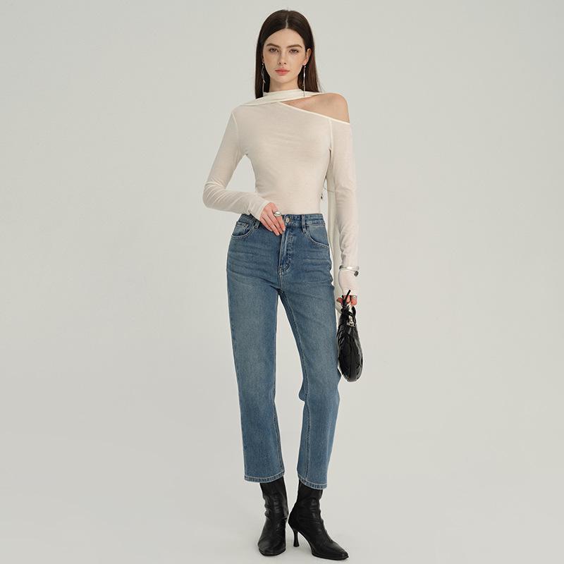 

Женские джинсы MBB с высокой посадкой, маленького размера, стрейч, прямые, сигареты - Коллекция Осень 2025 30 джинсовый синий