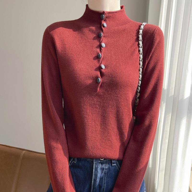 Design Color Button Semi-Turtleneck Sweater Spring New Wool Button Button Loose Knitted Top Bottoming Shirt
