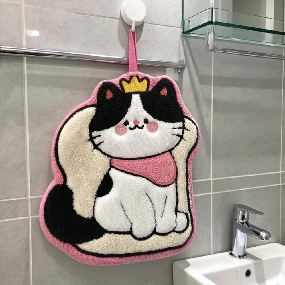 New Coral Fleece Cat Hand Towel Soft Thickened Bathroom Kerchief Strong Water Absorption Hanging Handkerchief Bathroom