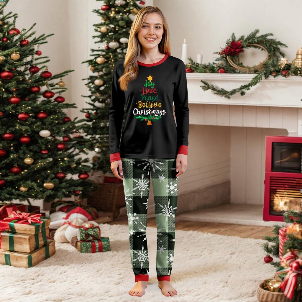 Christmas Print Round Neck Top and Plaid Pants Set for Women, Holiday Two Piece Outfit