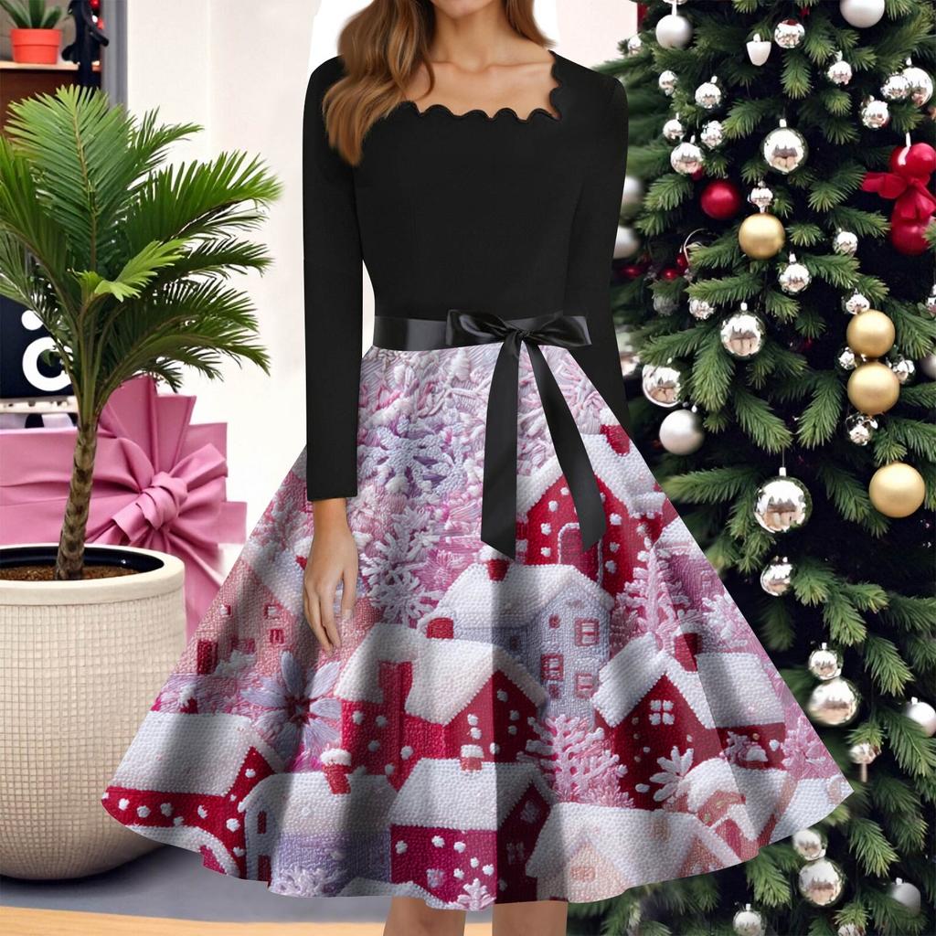 Damemote Rundhals Uformell Slim Juletrykt Langermet Kjoler