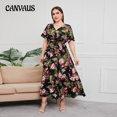 Summer Women's Dress Short Sleeve High Waist V-neck MIDI Dress Plus Size Temperament Printed Sexy Dress