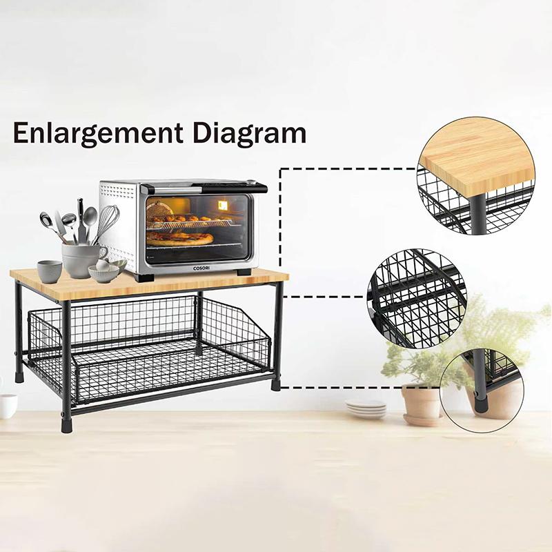 Space-Saving 2-Tier Pull-Out Rack | Printer/Microwave Stand with Storage Basket | For Kitchen, Living Room & Bedroom