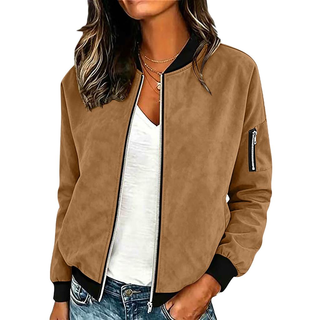Women's Casual Suede Zip Up Jacket Lightweight Bomber Style Long Sleeve Outerwear with Ribbed Cuffs and Hem for Everyday Wear