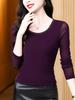 Women Mesh Long Sleeve Top Round Neck Rhinestone Beaded Slim Fit Ruched Side Basic T-Shirt Elegant Spring Layering Blouse