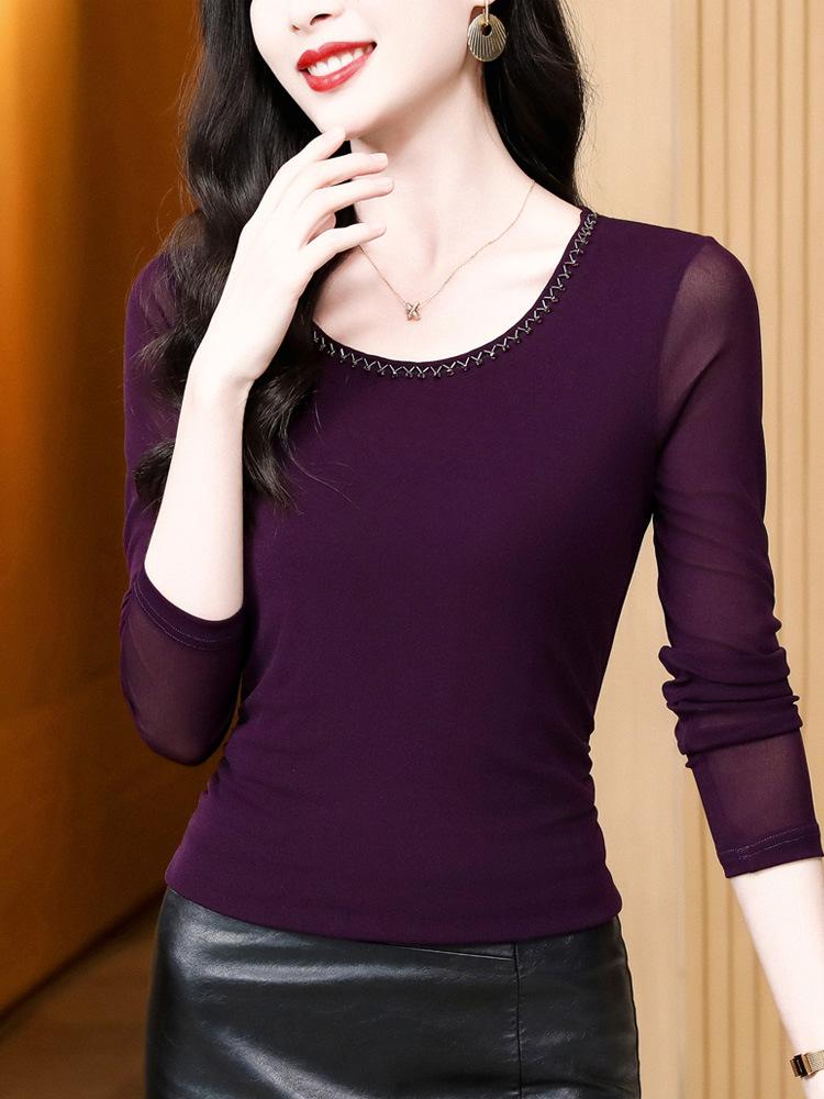 Women Mesh Long Sleeve Top Round Neck Rhinestone Beaded Slim Fit Ruched Side Basic T-Shirt Elegant Spring Layering Blouse