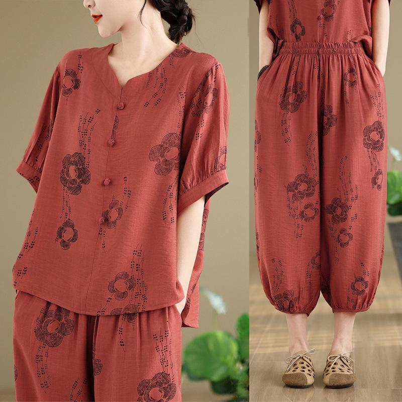 2026 Ethnic Style Tencel Linen Embroidery Women's Plus Size Summer Suit: Loose Slimming T-shirt + Pants Set