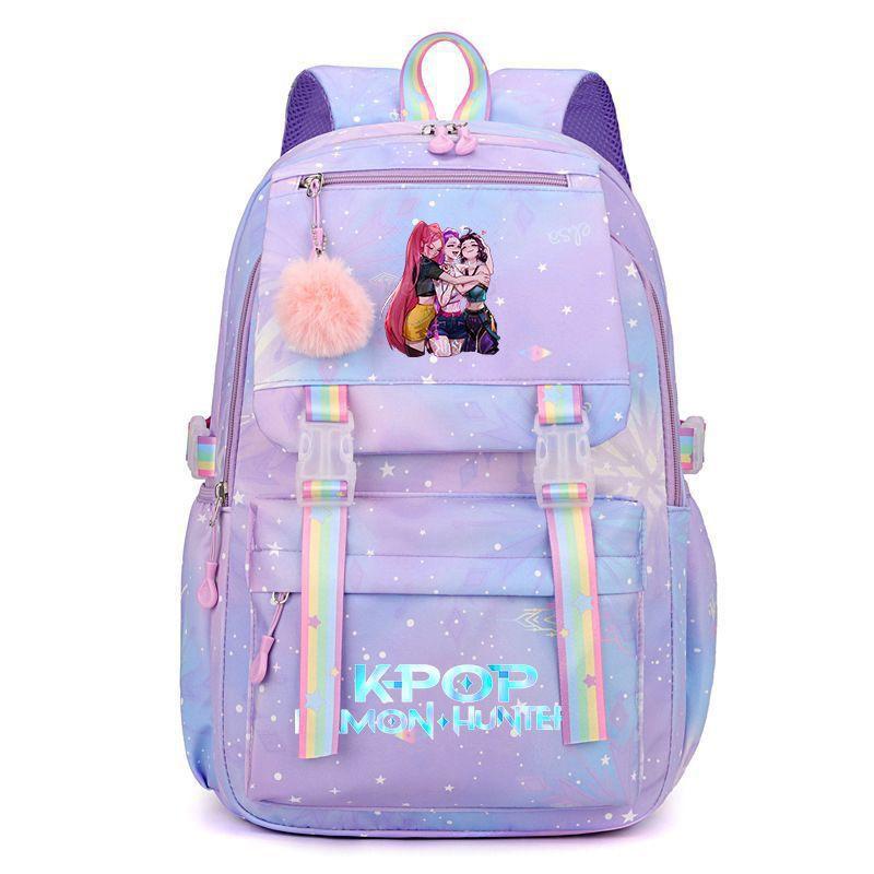 Korean Style School Backpack Teenagers Large Capacity Nylon Bookbag With Padded Straps Cartoon Print Unisex Student Bag