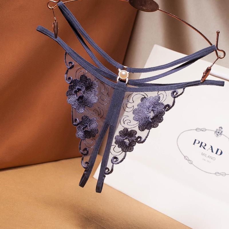 Women's Sexy Lace-Up Mesh Embroidered Thong with Pearl Detail and Open Crotch