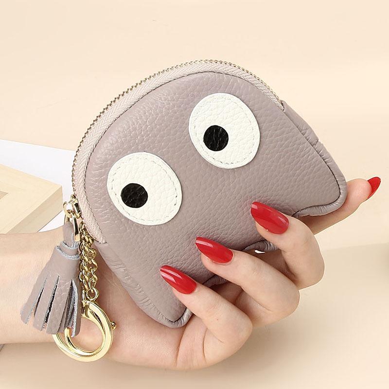 1PC Cute Cartoon Head Layer Cowhide Coin Purse Clutch Mini Creative Zipper Coin Purse Keychain Ladies Coin Purse