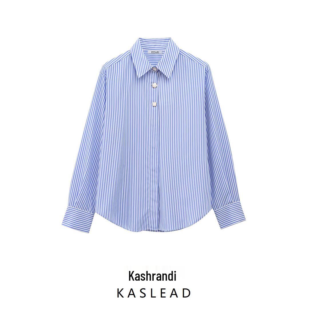 

2025 Spring Women s European & American Striped Poplin Long Sleeve Lapel Shirt Large синій