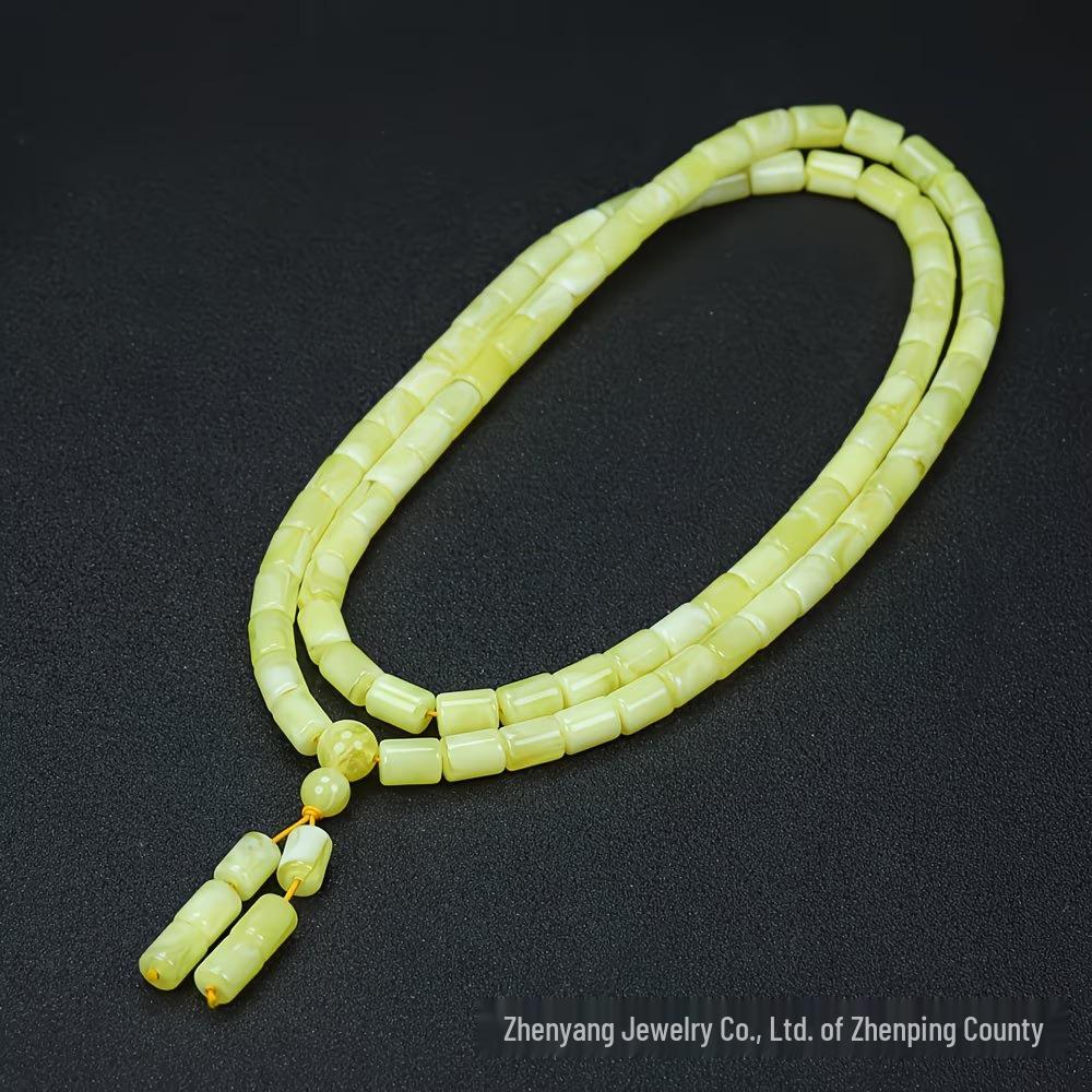 Russian White Beeswax Beads Buddhist Rosary: Multi-strand Bracelet Necklace with Hundred Flowers Amber Design