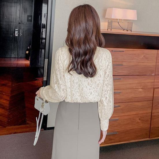 Women Tops Long Sleeve Lace Spliced Slim Fit Half High Collar Pullover Tops
