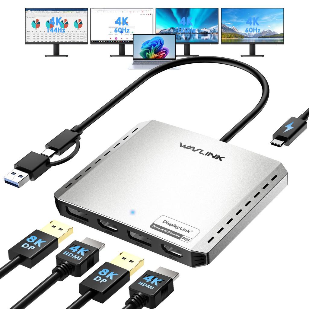 WAVLINK USB C to Adapter for 4K Quad Display Expansion for Dual 8K or Quad HDMI 4K DP Port Supports 120Hz High Refresh PD85W for PC HDMI/DP Monitors,