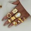 9pcs Fashion Gold Color Bowknot Pearl Geometric Open Rings Set for Women Exaggerated Irregular Adjustable Ring New Jewelry Gift